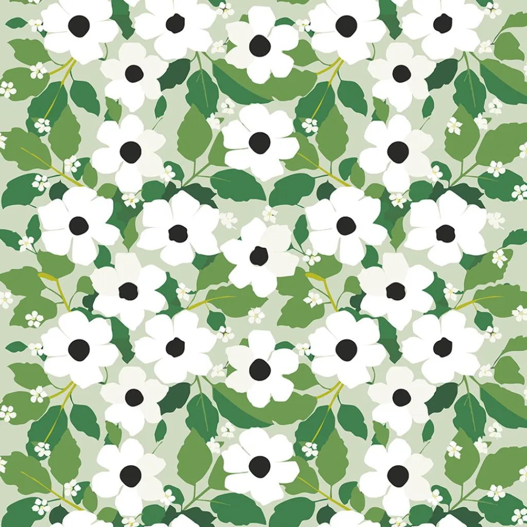 Arvidssons textil Gardintyger Mönstrade|Arvidssons Textil|Svartöga grön – blommigt tyg med vita blommor och gröna blad
