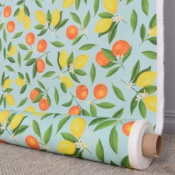 Blommiga Möbeltyger|Dynväv|Uteväv Citrus turkos tyg till utemöbler